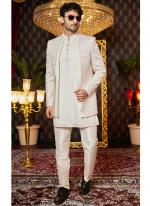 Art Silk Cream Wedding Wear Thread Work Readymade Indo Western Sherwani